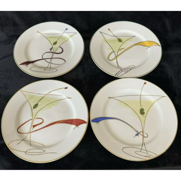 4 Pier One Martini Happy Hour Hors d'oeuvres Appetizer Canape Plate Gold Accents - Picture 1 of 8